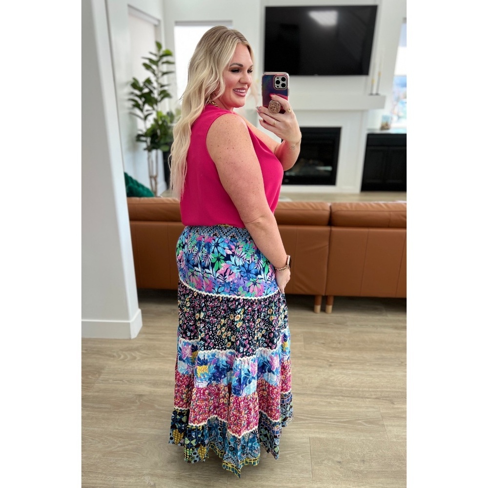 WHITE BIRCH Flower Patchwork Print Smocked Waist Tiered Maxi Skirt - Picture 6 of 10